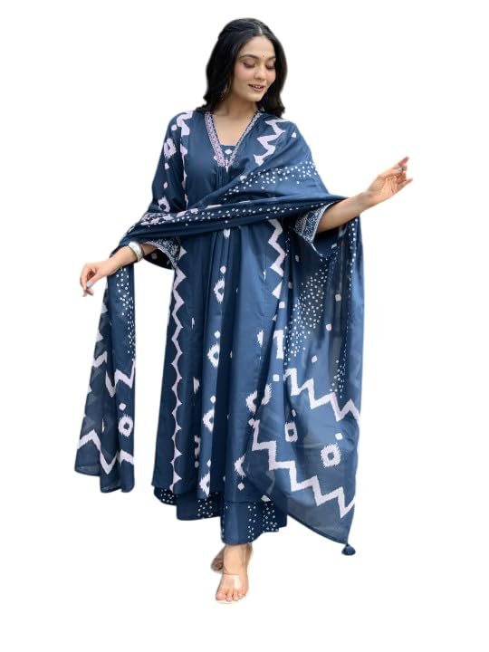 Rangnavi Women's Cotton Anarkali Printed V-Neck Kurta with Palazzo & Dupatta | Ethnic Set | Dupatta Set | Suit Set |Kurta Set |